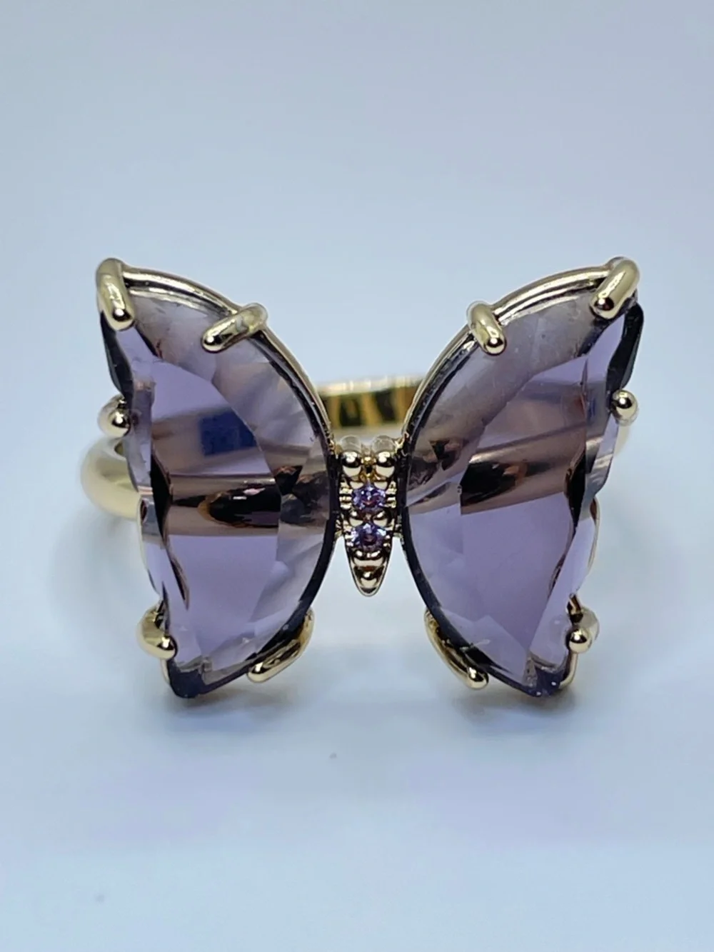 Purple Crystal Butterfly Ring Gold Statement Sz 8 Whimsical Boho Cottagecore